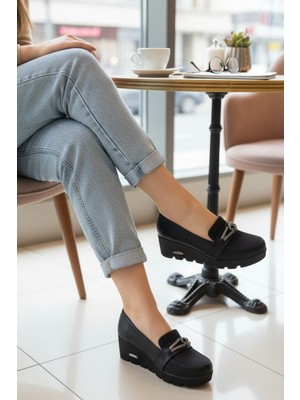 Enoch Mat Dokulu Dolgu Topuklu Ayarlanabilir Konforlu Ortopedik Platform Babet