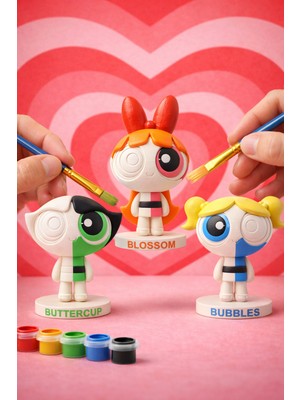 Printella Powerpuff Girls Boyanabilir 3'lü Figür Seti | Çocuklar Için Eğitici Aktivite 6 Renk Boya - 2 Fırça