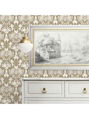 Adawall Damask Desen Duvar Kağıdı | Rococo 1411-5/15, Altın, Krem, 1.06X15.6M - 16.5m²