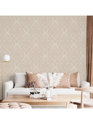 Adawall Zengin Damask Desen Duvar Kağıdı | Rococo 1405-3/15, Krem, Bej 1.06X15.6M - 16.5m²