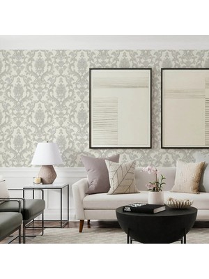 Adawall Klasik Damask Desen Duvar Kağıdı | Rococo 1407-1/15, Gri, Krem, 1.06X15.6M - 16.5m²