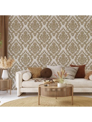 Adawall Zengin Damask Desen Duvar Kağıdı | Rococo 1405-5/15, Altın Krem, 1.06X15.6M - 16.5m²