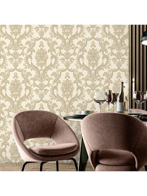 Adawall Klasik Damask Desen Duvar Kağıdı | Rococo 1407-2/15, Krem, Bej, 1.06X15.6M - 16.5m²