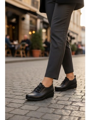 Enoch Siyah Hakiki Deri Tam Ortopedik Elastik Bağcıklı Anne Babeti