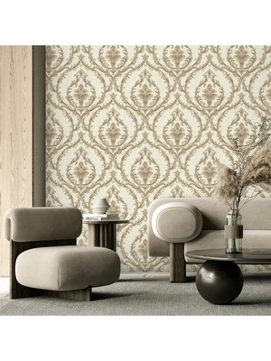 Adawall Timeless Bloom Design Wallpaper - Damask Desen | Rococo 1401-6/15, Vizon, Krem, 1.06X15.6M - 16.5m²