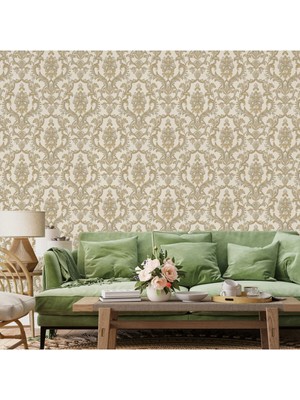 Adawall Klasik Damask Desen Duvar Kağıdı | Rococo 1407-5/15, Koyu Krem, Bej, 1.06X15.6M - 16.5m²
