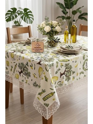 Rona Home Lüks Zeytin Desenli Duck Kumaş Güpürlü Masa Örtüsü Su Itici Leke Tutmaz Mutfak Salon Şık Dikdörtgen