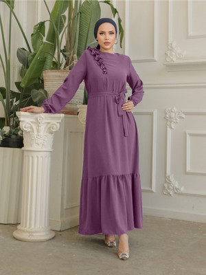 Modamorfo Fırfır Taş Detaylı Parça Eteklii Kemerli Ayrobin Elbise  -Vişne