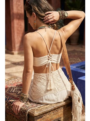 Fashion Cocktail Dantel Pencere Dekolte Bel Askılı Diz Altı Sırt Korseli Korse Keten Askılı Yazlık Elbise