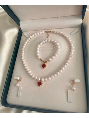 Taşmir Sertifikalı Gerçek Doğal Inci Kadın Bileklik Küpe Kolye Altın Kaplama Klips Zirkon Kırmızı Kalp