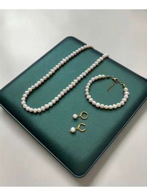 Taşmir Sertifikalı 6 mm Doğal Inci Kolye Bileklik Küpe Set - Pirinç 14 K Altın Kaplama Aparatlar