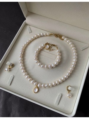Taşmir Beyaz Deri Set Kutulu Sertifikalı Gerçek Inci Kolye Bileklik Küpe Set Düğün Nişan Gelin