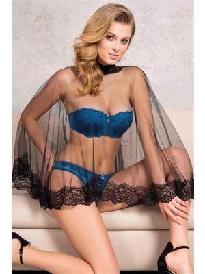 Aria's Closet Arias Closet Balenli Destekli Dolgulu Askısız Straplez Çıkabilen Tül Pelerin Taşlı Dantelli Sütyen ve Slip Takım