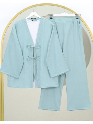 Modamorfo Önü Çift Bağcıklı Pantolonlu Krınkıl Takım  -Su Yeşili