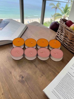 İV BLUE PURPLE 6'lı Turuncu ve Pudra Pembe Citronella ve Lavanta Karışımı Sineksavar Tealight Teneke Mum