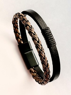 Gns Aksesuar Siyah&kahve %100 Deri 2li Kombin Erkek Bileklik Set 21 cm (Türk El Üretimi)