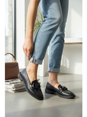 Enoch Kadın Antrasit Tokalı Lazer Mikro Delikli Maskülen Loafer