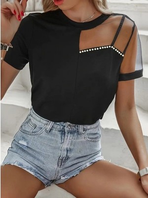 Marsilyan- Kadın Kısa Kollu Tül Detaylı Taşlı Janjan Krep Bluz