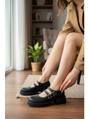Enoch Kadın Çift Kemerli Chunky Taban Mary Jane Loafer