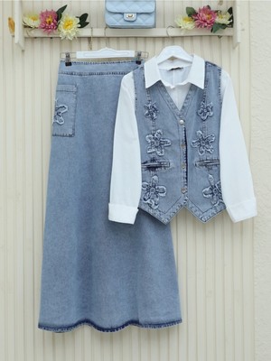 Modamorfo Desenli Etek Beli Lastikli Yelek Etek Kot Takım  -Buz Mavi