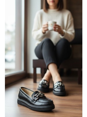 Enoch Kadın Grena Dokulu Kalın Gümüş Zincirli Comfort Taban Loafer