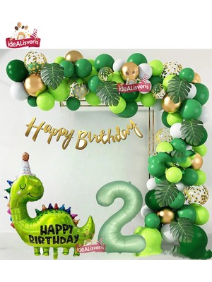 Bkmc Party Dinozor Temalı Doğum Günü Full Parti Seti Yeşil Gold Balon Zinciri & Dino Balon Yeşil Yaş Balonlu Dinazor Temalı Doğum Günü Partiseti Süsü