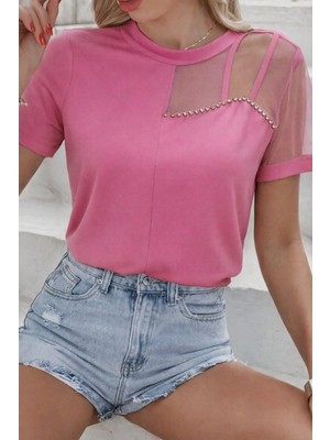 Marsilyan- Kadın Kısa Kollu Tül Detaylı Taşlı Janjan Krep Bluz