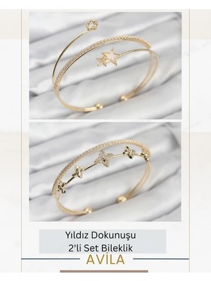 Çiçek ve Yıldız Işıltısı Gold Ikili Kadın Bileklik Seti