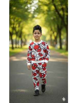 Butik Erkek Çocuk Örümcek Desenli 2’li Eşofman Takımı – Baskılı Sweatshirt ve Alt Pijama Takımı