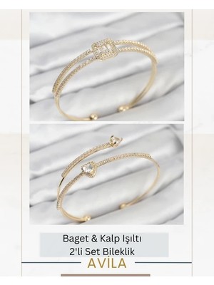 Kalp ve Baget Işıltısı Gold Ikili Kadın Bileklik Seti