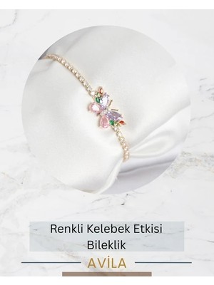 Renkli Kelebek Işıltısı Gold Tekli Kadın Bileklik