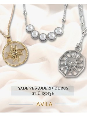 Güneş Inci Parıltı Üçlü Set Çelik Zincir Kolye