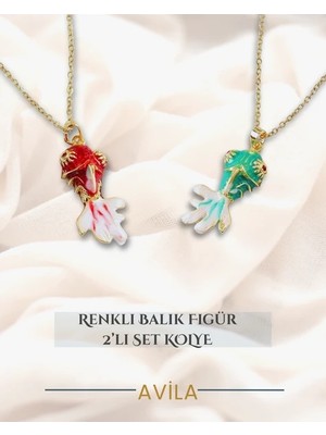 Çelik Zincirli Renkli Balık Figür 2’li Kolye Seti  Mineli Şans Modeli