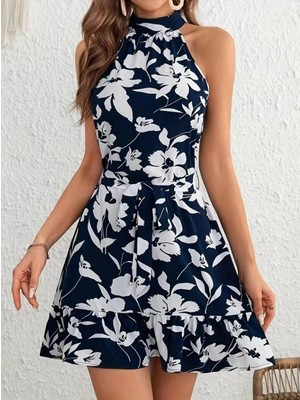 Marsilyan- Kadın Omuzlardan Açık Balıkçı Yakalı Kuşaklı Desenli Kısa Süprem Elbise