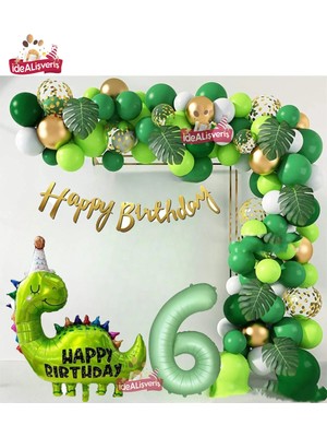 Bkmc Dinozor Temalı Doğum Günü Full Parti Seti Yeşil Gold Balon Zinciri & Dino Balon Yeşil Yaş Balonlu Dinazor Temalı Doğum Günü Partiseti Süsü