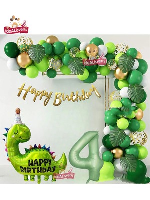 Bkmc Dinozor Temalı Doğum Günü Full Parti Seti Yeşil Gold Balon Zinciri & Dino Balon Yeşil Yaş Balonlu Dinazor Temalı Doğum Günü Partiseti Süsü