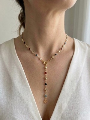 Nurora Renkli Taşlı Kalp Altın Çelik Kolye