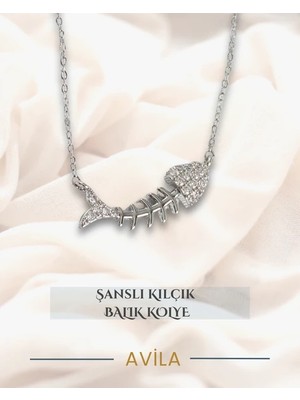 Zirkon Taşlı Balık Kılçığı Kolye Gümüş Renk Minimal Model