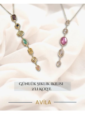 Çelik Zincirli 2’li Set Zirkon Taşlı Şerit Kolyeler