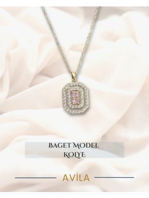 Çelik Zincirli Pembe Taşlı Baget Kolye Minimal Parlak Model