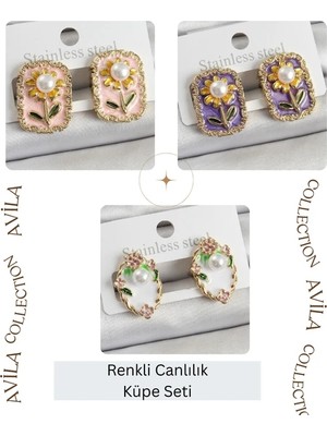 Sanatsal Papatya Portre Üçlüsü Küpe Seti Kadın Küpe