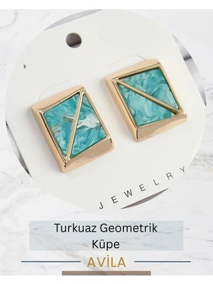 Turkuaz Geometrik Vintage Tekli Kadın Küpe
