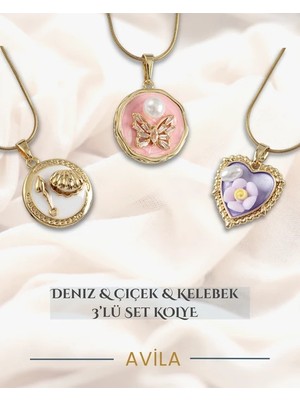 Çelik Zincirli 3’lü Kolye Seti Istiridye, Çiçek ve Kelebek Figürlü Kombin