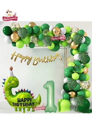 Bkmc Dinozor Temalı Doğum Günü Full Parti Seti Yeşil Gold Balon Zinciri & Dino Balon Yeşil Yaş Balonlu Dinazor Temalı Doğum Günü Partiseti Süsü