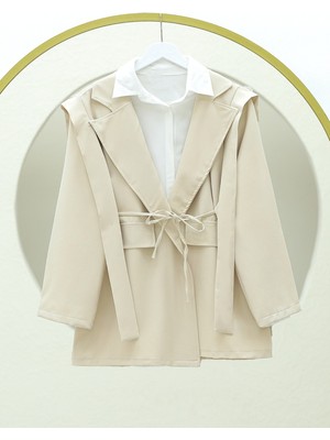 Modamorfo Cep Detaylı Beli Bağlamalı Ceket -Bej