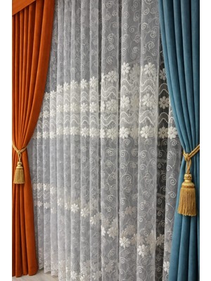 Tül Perde Papatya Desenli  1/3 Pileli Tüm Odalara Uygun