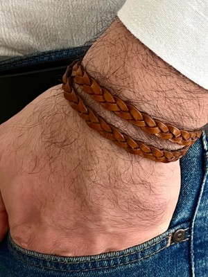 Gns Aksesuar Taba Renk %100 Deri Yılan Sarmalı Dolamalı Erkek Bileklik 40CM (Türk El Üretimi)