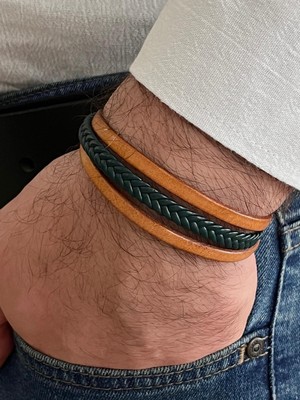 Gns Aksesuar Taba&yeşil Renk %100 Deri 3lü Kombin Erkek Bileklik 21 cm (Türk El Üretimi)