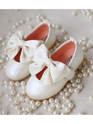 Welissa Sedef Beyaz  Saten Fiyonklu Abiye Kız Çocuk Babet, Özel Günlerde