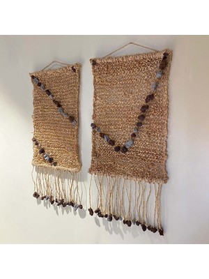 Noldecoration Naturel Rafyadan Haroşo El Örgüsü Üzerine Doğal Taş Işlemeli 32 x 60 cm Ikili Kullanılan Püsküllü Amorf Desenli Dekoratif Duvar Halısı Seti